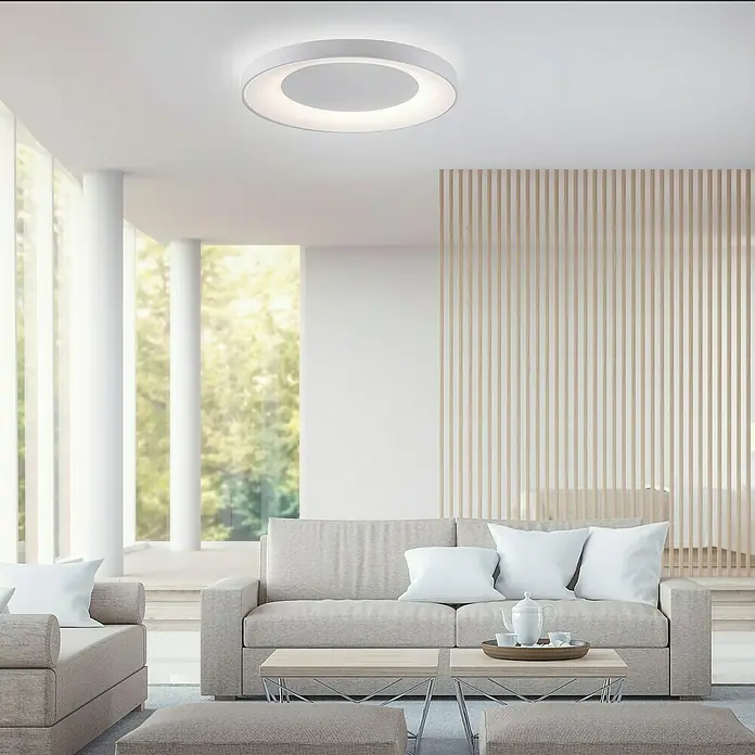 Just Light LED-Deckenleuchte rund ANIKA - 54 W, Ø x H: 70 x 7,7 cm, Weiß, Mehrfarbig - Ein modernes Wohnzimmer mit einer runden, weißen Deckenleuchte, die für eine angenehme und helle Beleuchtung sorgt.