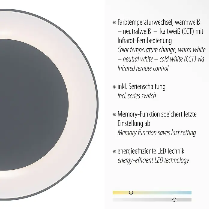 Just Light LED-Deckenleuchte rund ANIKA - 54 W, Ø x H: 70 x 7,7 cm, Grau, Mehrfarbig - Produktbild einer modernen LED-Deckenleuchte mit Farbtemperaturwechsel und Infrarot-Fernbedienung, inklusive Memory-Funktion.