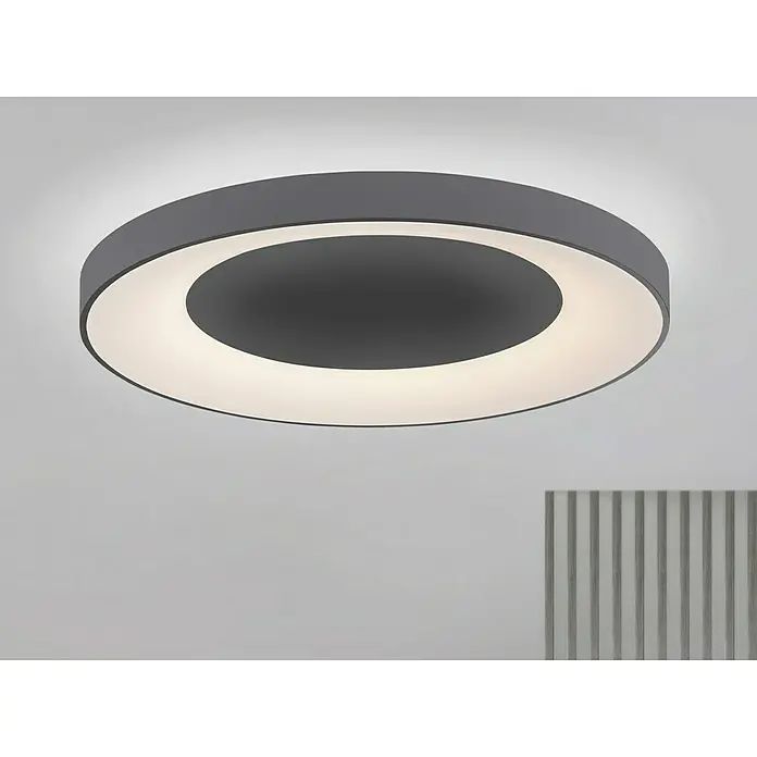 Just Light LED-Deckenleuchte rund ANIKA - 54 W, Ø x H: 70 x 7,7 cm, Grau, Mehrfarbig - Dieses Bild zeigt eine moderne, graue LED-Deckenleuchte in Ringform, die ein helles, indirektes Licht erzeugt und eine stilvolle Beleuchtungslösung darstellt.