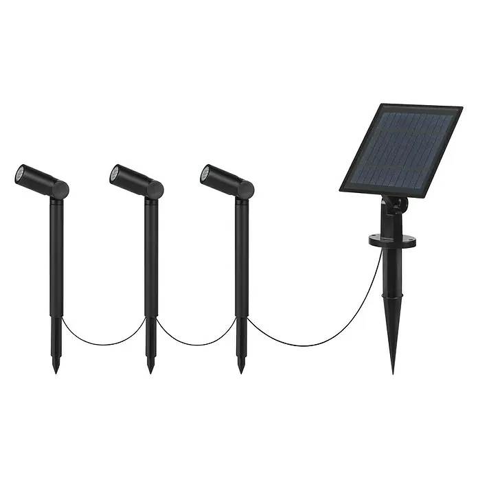 Forlight Proyector LED solar Lis - Altura: 26 cm, IP44 - Tres focos solares negros con estaca de tierra y un módulo solar para el jardín o el patio.