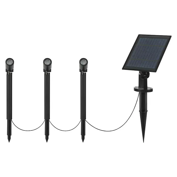 Forlight Proyector LED solar Lis - Altura: 26 cm, IP44 - Imagen de tres focos solares con panel solar sobre un fondo negro.