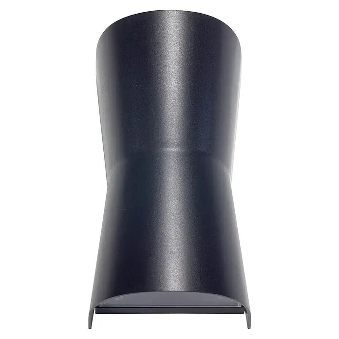 Forlight Aplique exterior Dofo - 16 W, L x An x Al: 9,5 x 11 x 19,5 cm, Negro, GU10 - Primer plano de un elegante aplique de pared negro mate con una elegante forma de reloj de arena e iluminación sutil en su base.