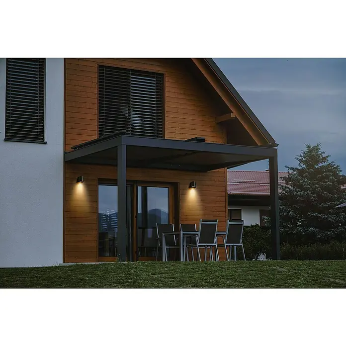 Forlight Aplique exterior Dofo - 8 W, L x An x Al: 9,5 x 11 x 11 cm, Negro, GU10 - Iluminación de patio: elegantes luces de pared exteriores iluminan un patio moderno con una zona de estar, mejorando el ambiente.