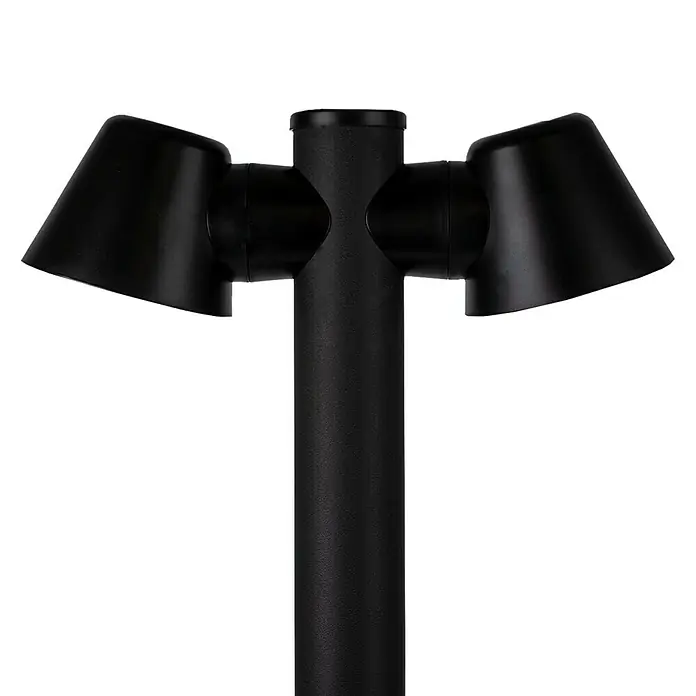 Forlight Cone Lámpara de pie para exterior - 16 W, Color del marco: Negro, 11,7 x 15 x 80 cm, Sin bombillas - Primer plano de una luz de jardín negra con dos focos, creando una luz ambiental en el jardín.