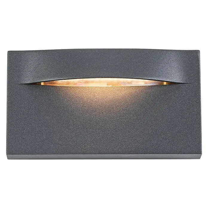 Forlight Hide Aplique exterior LED - 8 W, L x An x Al: 2,5 x 13,5 x 7,5 cm, Antracita, Blanco neutro - Primer plano de una lámpara de pared LED gris, que emite un brillo cálido y descendente, creando un ambiente moderno.