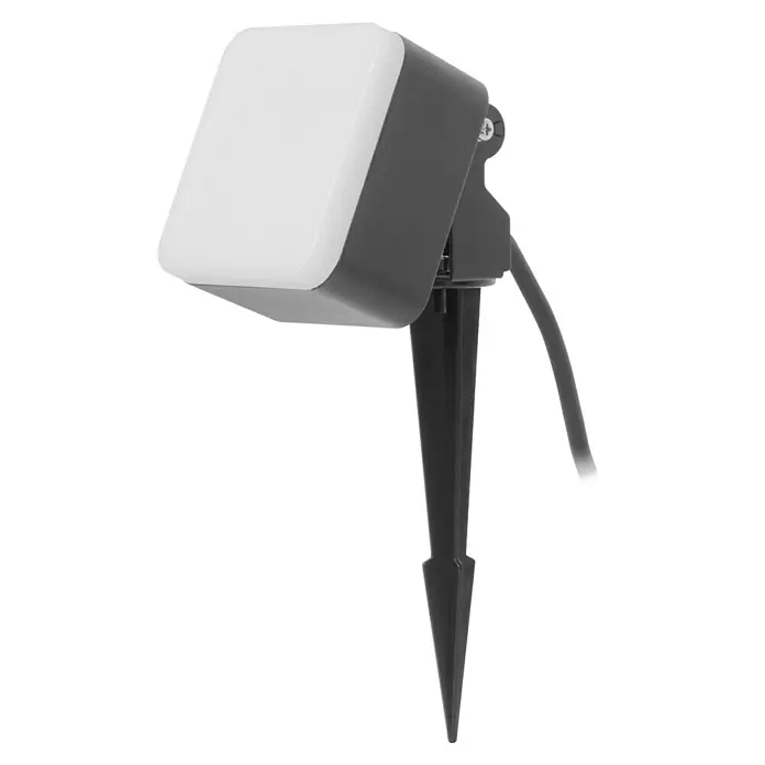 Forlight Aplique exterior LED Tilt - 6,6 W, L x An x Al: 5 x 9 x 9 cm, Antracita, Blanco neutro - Imagen de una lámpara LED de jardín gris con una estaca de tierra, que emite una luz cuadrada brillante, perfecta para iluminar espacios exteriores.