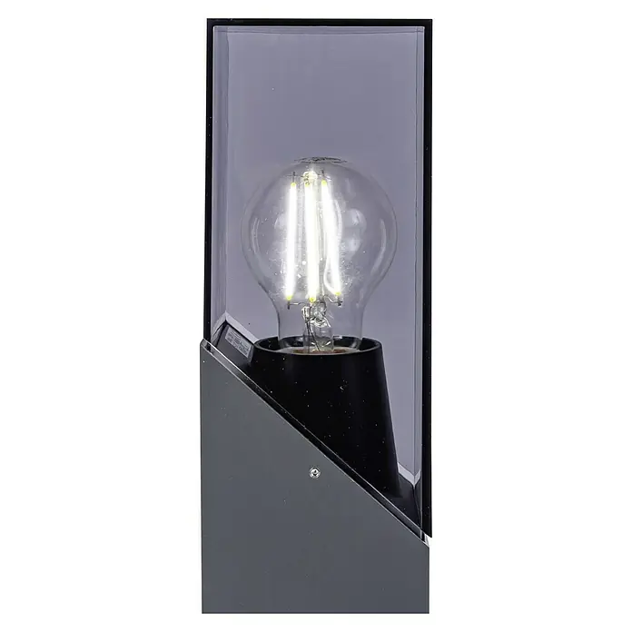 Forlight Munic Lámpara de pie para exterior - 15 W, Color del marco: Antracita, 13 x 13 x 40 cm, Sin bombillas - Primer plano de una lámpara de pared con una bombilla Edison decorativa, que emite un brillo cálido y acogedor que resalta su diseño moderno.