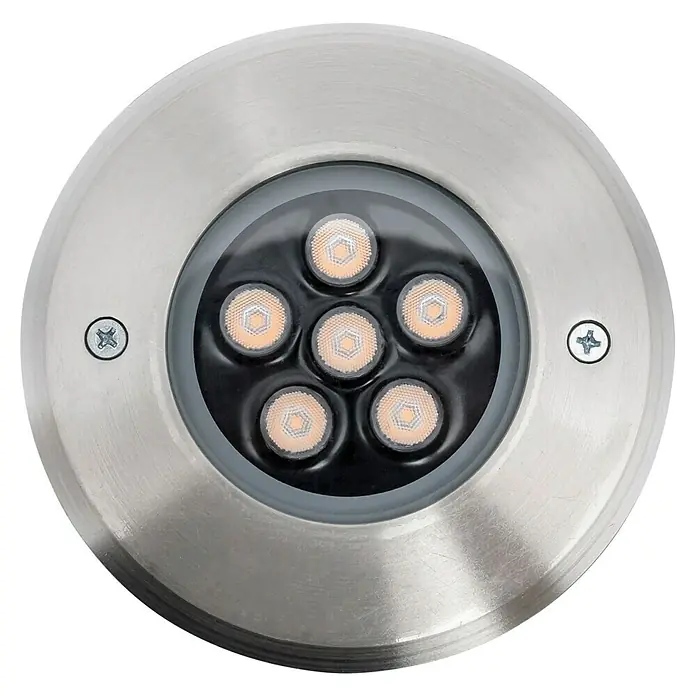 Forlight Foco empotrable Incasso - 6,2 W, Ø x Al: 12 x 7,7 cm, Blanco cálido - Primer plano de una luminaria empotrable redonda con seis bombillas LED y un borde de acero inoxidable.
