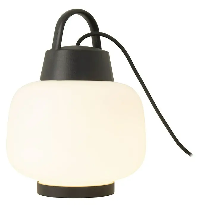 Forlight Portalámparas colgante Lamtam - 15 W, Ø x Al: 24 x 32 cm, Blanco/Negro, E27 - Una lámpara de mesa portátil con una pantalla esférica blanca y un asa negra, ideal para iluminación ambiental.