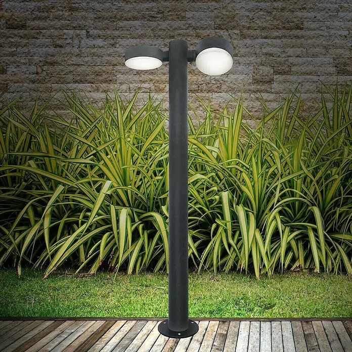 Forlight Pale Sobremuro exterior - 21 W, Color del marco: Antracita, Blanco cálido, 7,5 mm x 20 cm x 70 cm, Con bombillas - Lámpara exterior moderna con dos cabezales redondos en un poste negro y elegante, ideal para iluminación de jardín.