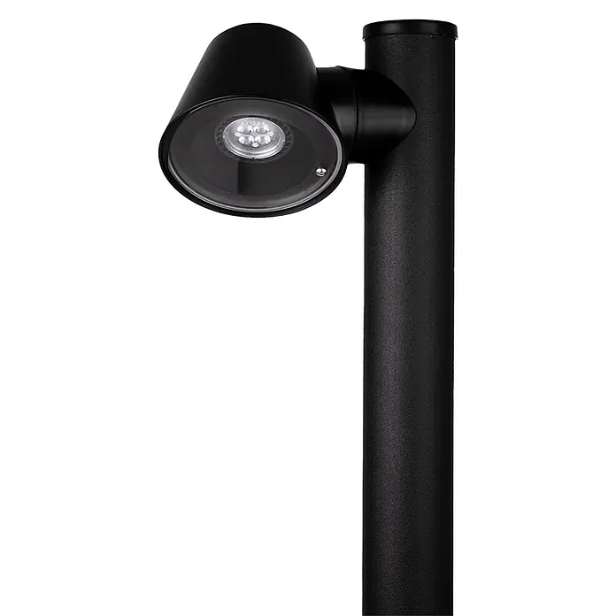 Forlight Cone Lámpara de pie para exterior - 8 W, Color del marco: Negro, 11,7 x 15 x 80 cm, Sin bombillas - Primer plano de una luz de camino negra. La luz tiene un difusor transparente y está montada sobre un poste negro.