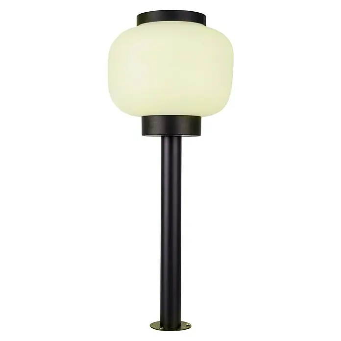 Forlight Lámpara de pie para exterior Lamtam - 15 W, Sin bombillas - Primer plano de una moderna luz de bolardo con un globo redondo color crema sobre un elegante poste negro.