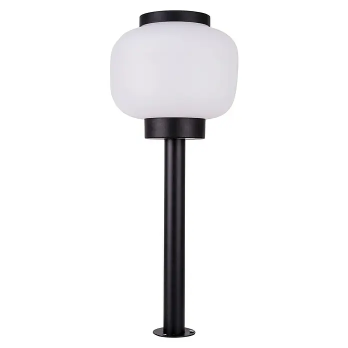 Forlight Lámpara de pie para exterior Lamtam - 15 W, Sin bombillas - Primer plano de una lámpara de exterior moderna en forma de globo con base negra, resaltando su diseño minimalista.