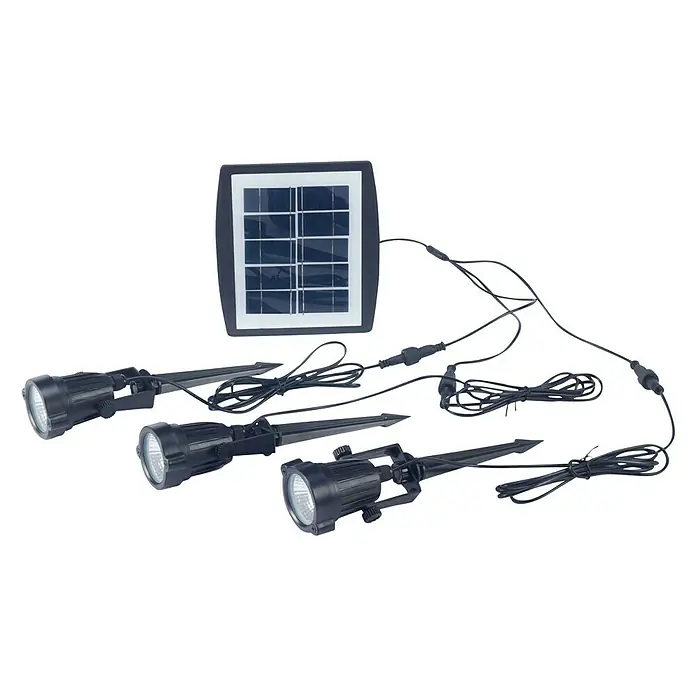 Forlight Proyector LED solar Hub - Blanco frío, IP65 - Imagen de un conjunto de luces solares con tres focos y un panel solar, perfecto para iluminación de jardines.