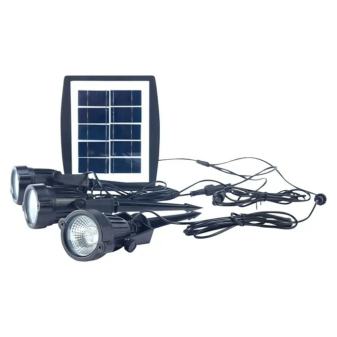 Forlight Proyector LED solar Hub - Blanco frío, IP65 - Juego de iluminación solar para jardines con tres focos y panel solar para uso en exteriores.
