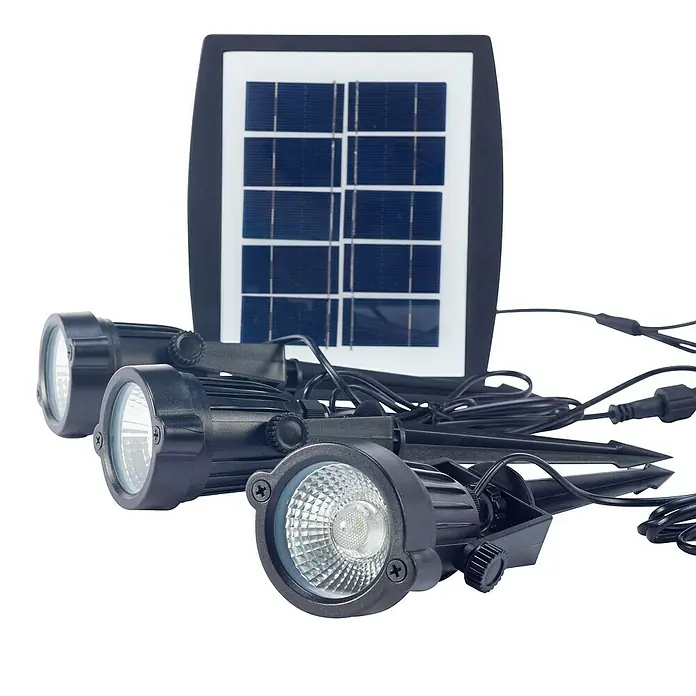 Forlight Proyector LED solar Hub - Blanco frío, IP65 - Focos de jardín solares con tres luces LED y panel solar para una iluminación exterior ecológica.