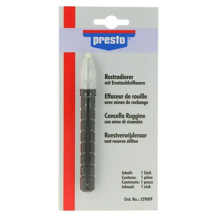 Presto Rost-Entferner - Einsatzbereich: Kfz-Bereich - Verpackung eines Presto Rostradierers mit Ersatzschleiffasern, einem Werkzeug zur Rostentfernung.