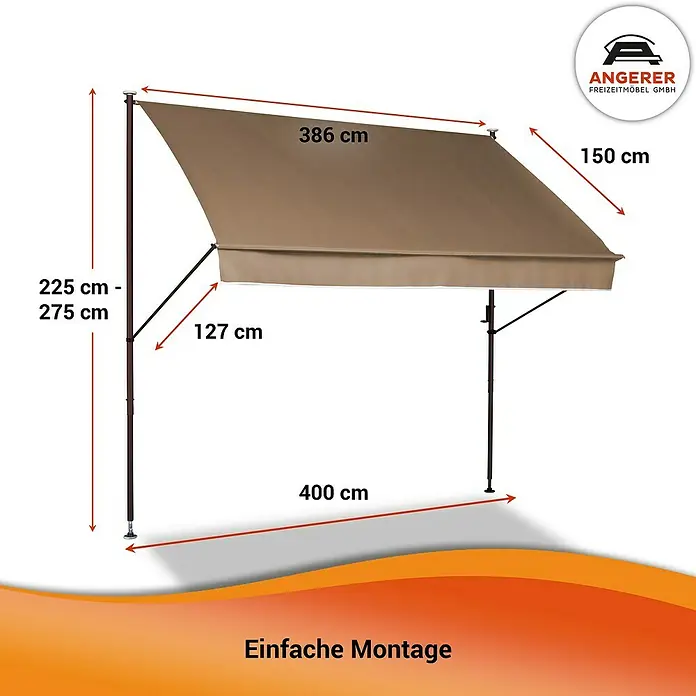 Angerer Klemmmarkise Style - Taupe, Breite: 4 m, Ausfall: 1,5 m - Bild einer beigen freistehenden Markise mit Abmessungen, ideal für den Außenbereich.