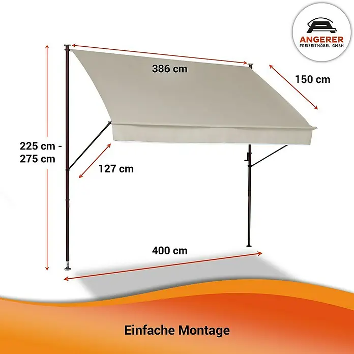 Angerer Klemmmarkise Style - Beige, Breite: 4 m, Ausfall: 1,5 m - Bild einer freistehenden Markise mit den Maßen 386 x 150 cm und einer Höhe von 225 bis 275 cm. Einfache Montage.
