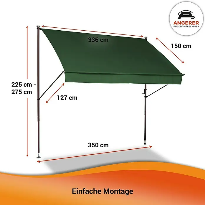 Angerer Klemmmarkise Style - Grün, Breite: 3,5 m, Ausfall: 1,5 m - Abbildung des Angerer Sonnenschutz-Pavillons mit Größenangaben. Ideal für den Garten, einfache Montage.