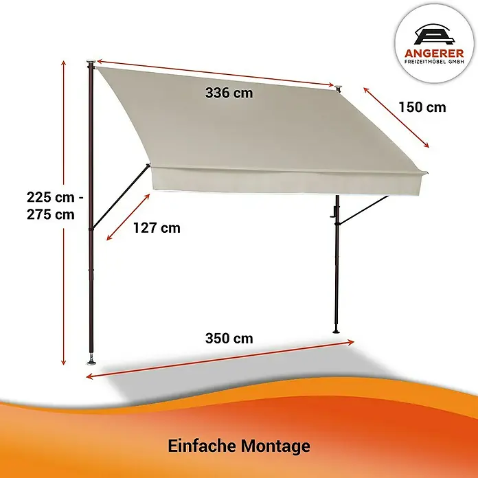 Angerer Klemmmarkise Style - Beige, Breite: 3,5 m, Ausfall: 1,5 m - Abbildung einer Angerer-Markise mit den Maßen 336 cm Breite und 150 cm Tiefe, mit einer Höhe von 225 bis 275 cm.