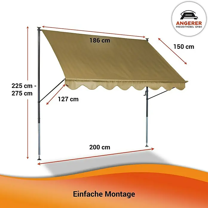 Angerer Klemmmarkise Standard Uni - Beige, Breite: 2 m, Ausfall: 1,5 m - Abbildung einer Angerer-Markise mit Maßangaben. Die Markise ist beigefarben und hat ein gewelltes Ende.