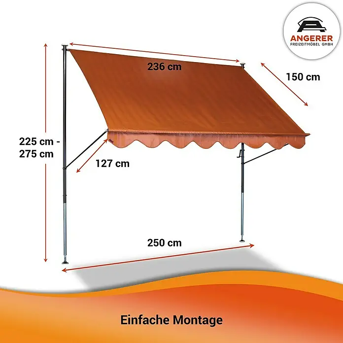 Angerer Klemmmarkise Standard Uni - Terracotta, Breite: 2,5 m, Ausfall: 1,5 m - Bild einer orangefarbenen Markise mit Maßangaben zur Veranschaulichung der Produktabmessungen von Angerer Freizeitmöbel GmbH.