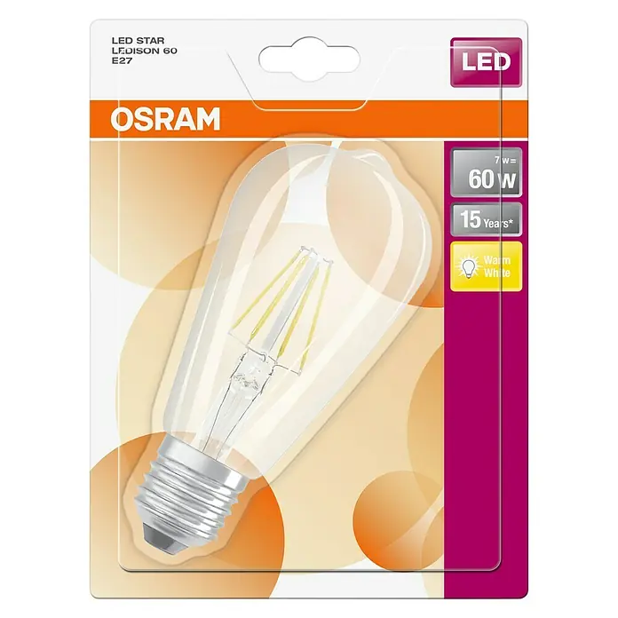 Osram LED-Lampe Vintage Glühlampenform E27 - E27, Nicht Dimmbar, Warmweiß, 806 lm, 6 W - Osram LED-Leuchtmittel LED STAR LEDISON 60 E27, mit warmweißem Licht und einer Lebensdauer von 15 Jahren, energiesparende 7W-Alternative zu 60W.