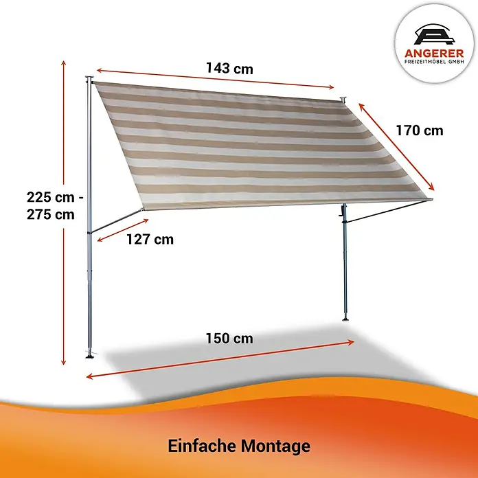 Angerer Klemmmarkise Premium - Taupe/Beige, Breite: 1,5 m, Ausfall: 1,7 m - Abbildung eines Markise mit Streifenmuster und Größenangaben.