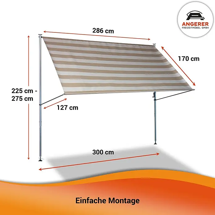 Angerer Klemmmarkise Premium - Taupe/Beige, Breite: 3 m, Ausfall: 1,7 m - Bild einer Markise mit Streifenmuster und Größenangaben, die eine einfache Montage des Produkts hervorheben.