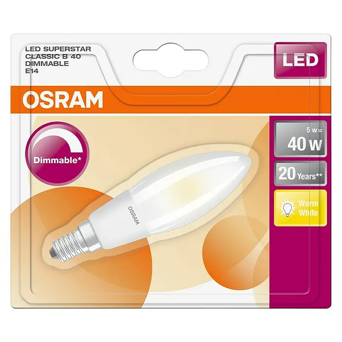 Osram LED-Lampe Kerzenform E14 matt - E14, Dimmbar, Warmweiß, 470 lm, 5 W, Matt - Abbildung der Osram LED Superstar Classic B 40 Dimmable E14 Birne in der Verpackung, die energiesparende Beleuchtung bietet.