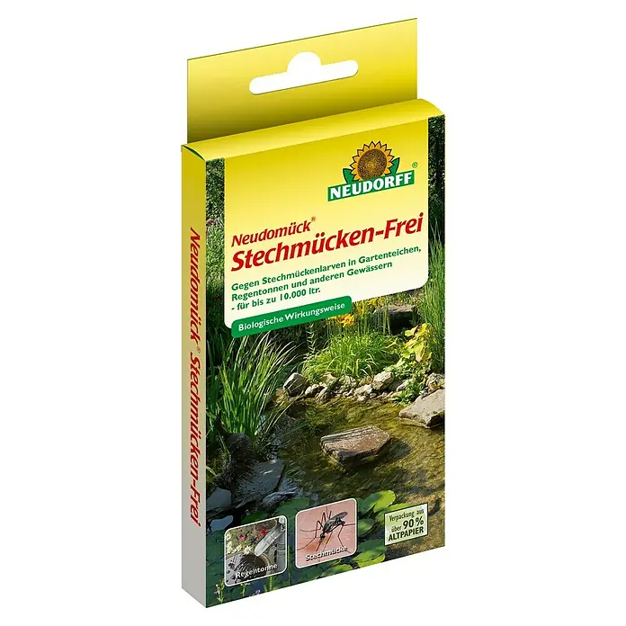 Neudorff Stechmückenfrei Neudomück - 10 Stk. - Produktbild der Neudorff Neudomück Stechmücken-Frei Packung. Das Produkt bekämpft Stechmückenlarven in Gartenteichen und anderen Gewässern.