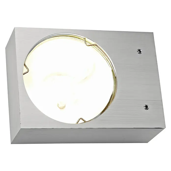 Voltolux Alu-Design Aplique de pared Gela - 33 W, Plata - Primer plano de una lámpara de techo empotrada cuadrada con una bombilla redonda iluminada en una carcasa plateada.