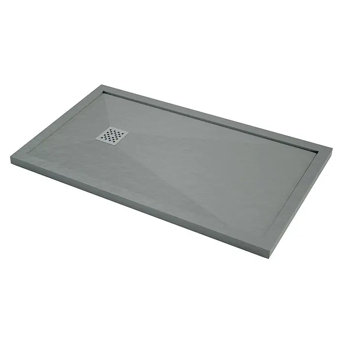 Plato de ducha Terra con marco - L x An: 80 x 120 cm, Cemento - Aquí tienes una elegante bandeja de ducha gris con un desagüe cuadrado en el centro, ideal para diseños de baño modernos.