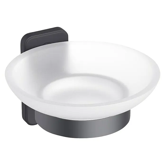 Soporte de jabón Blend - L x An x Al: 115 x 108 x 72 cm, Aluminio, Negro - Jabonera de pared con un diseño elegante de vidrio esmerilado y un soporte gris, ideal para baños modernos.