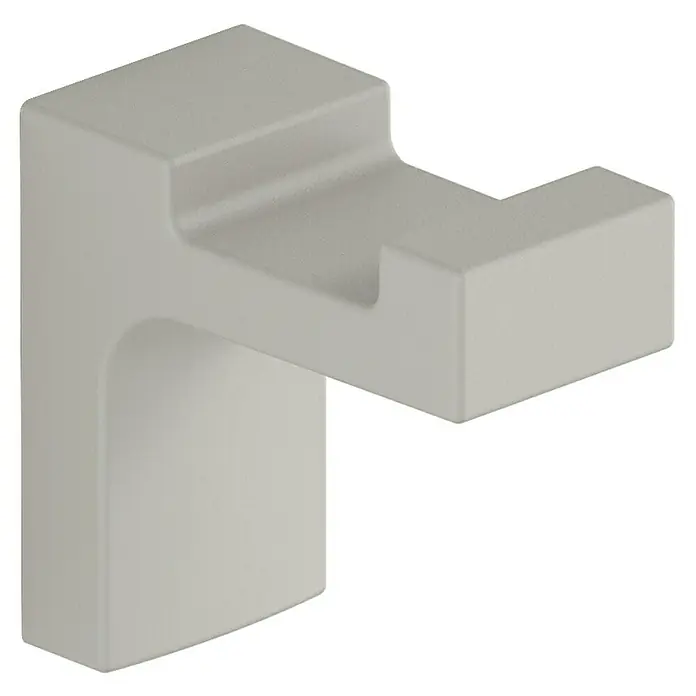 Creabath Elegance Colgador de baño - L x Al: 5,3 x 5 cm, Número de ganchos: 1 ud., Gris silk - Primer plano de un solo gancho de pared gris moderno con un diseño minimalista sobre un fondo negro.