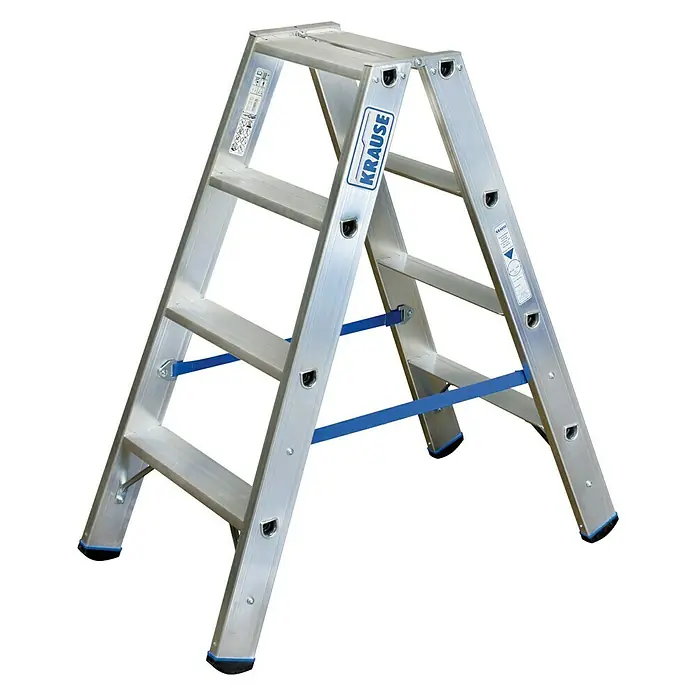 Krause Stabilo Doppelleiter - Anzahl Tritte: 8 Stk., Arbeitshöhe: 2,5 m, Aluminium - Silberne Krause Stufenleiter mit blauen Akzenten, ideal für den Heim- und Handwerkergebrauch, robust und standfest.