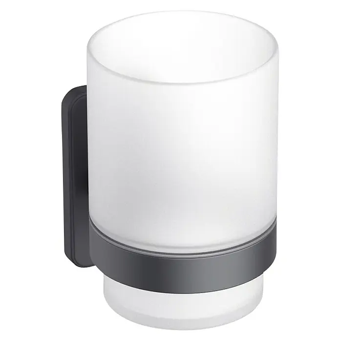 Portacepillos Blend - Diámetro: 95 cm, Aluminio - Soporte de cepillo de dientes de pared con vaso de vidrio esmerilado y marco de metal oscuro. Práctico y elegante para cualquier baño.