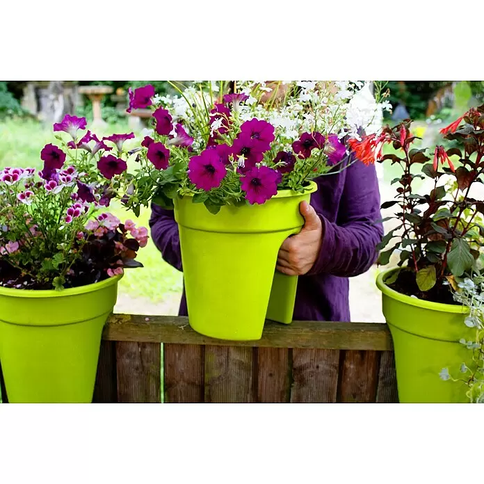 KHW Geländertopf Flowerclip - Außenmaß (Ø x H): 27 x 27,5 cm, Kunststoff, Grün - Eine Person hält einen lindgrünen Pflanzkübel mit Blumen, auf einem Holzzaun in einem Garten platziert.