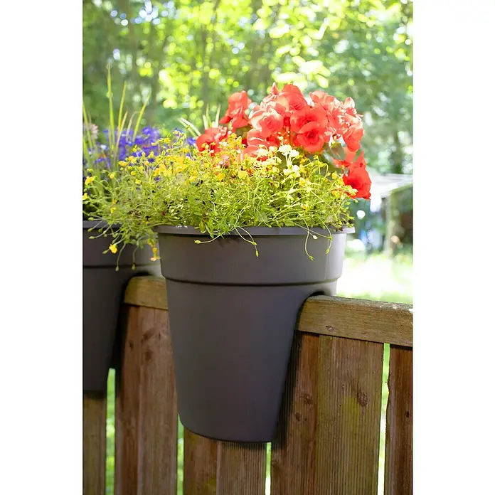KHW Geländertopf Flowerclip - Außenmaß (Ø x H): 27 x 27,5 cm, Kunststoff, Anthrazit - Ein grauer Blumenkasten hängt an einem Holzzaun, gefüllt mit roten, gelben und blauen Blumen, die im Sonnenlicht leuchten.
