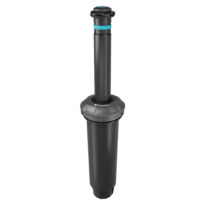Gardena Sprinklersystem Turbinenversenkregner MD180 - Max. Regnerfläche: 180 m², Rasenbewässerung - Das Bild zeigt einen Gardena Versenkregner Vario, ein Bewässerungssystem für Gärten, mit einstellbarer Reichweite und Sektorenberegnung.