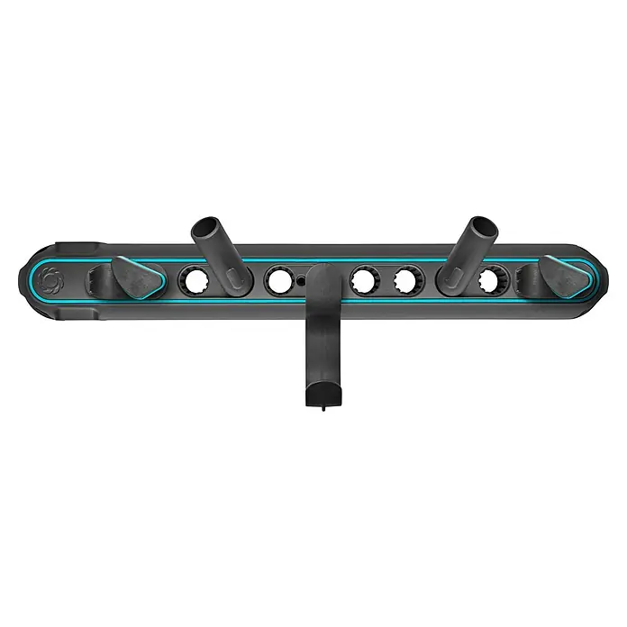 Gardena Halterung Flex - 10 kg, Kunststoff - Das Bild zeigt eine Gerätehalterung in Grau mit blauen Akzenten, die für verschiedene Werkzeuge geeignet ist. Es bietet eine ordentliche Aufbewahrung.