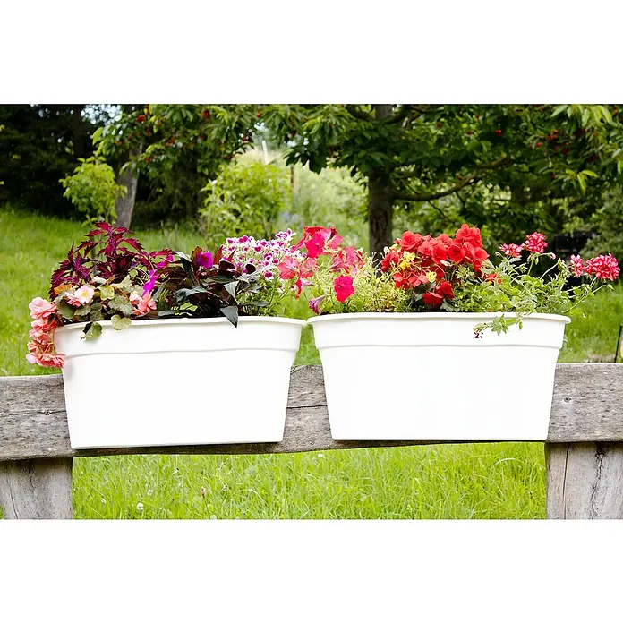 KHW Geländerkasten Flowerclip XL - Außenmaß (L x B x H): 57,5 x 27,7 x 27,5 cm, Kunststoff, Weiß - Zwei weiße Pflanzgefäße mit bunten Blumen stehen auf einem Holzzaun und bringen Farbe und Frische in den Garten.