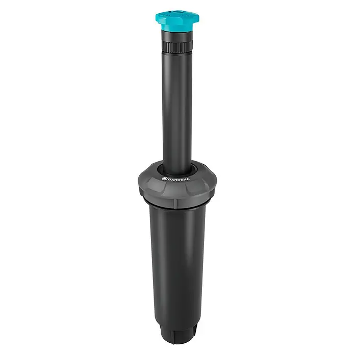 Gardena Sprinklersystem Aspersor emergente SD30 - Superficie de rociador máx.: 30 m², Riego de césped - La imagen muestra un aspersor emergente de Gardena. El aspersor es negro y tiene una tapa azul.