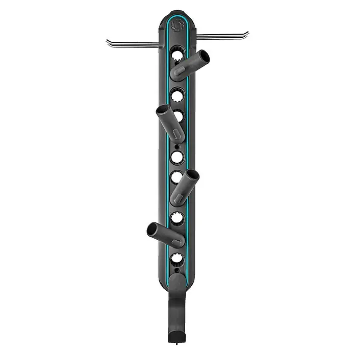 Gardena Combisystem Geräteleiste Flex - Passend für: GARDENA combisystem Geräte und Stiele - Wandhalterung für Staubsaugerzubehör, ausgestattet mit mehreren Halterungen und einem schlanken, modernen Design mit blauem Akzent.