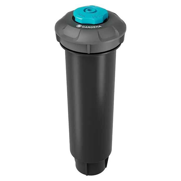 Gardena Sprinklersystem Aspersor emergente SD30 - Superficie de rociador máx.: 30 m², Riego de césped - Aspersor emergente Gardena con cuerpo gris y botón de ajuste azul. Perfecto para una irrigación precisa y cómoda de césped y jardín.