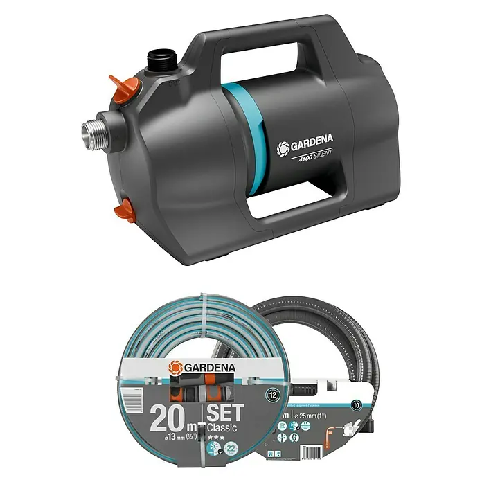 Gardena Gartenpumpen-Set 4200 Silent - 600 W, Max. Fördermenge: 4.200 l/h - Das Gardena 4100 Silent Hauswasserwerk mit 20m Classic Schlauchset. Ideal für die Gartenbewässerung und Hauswasserversorgung.