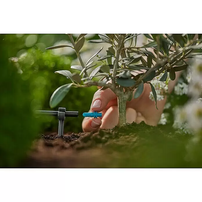 Gardena Micro-Drip Endtropfer - 25 Stk., Max. Wasserdurchfluss: 2 l/h - Eine Hand verbindet einen blauen Bewässerungstropfer mit einem schwarzen Schlauch nahe einem jungen Baum im Boden für gezielte Bewässerung.