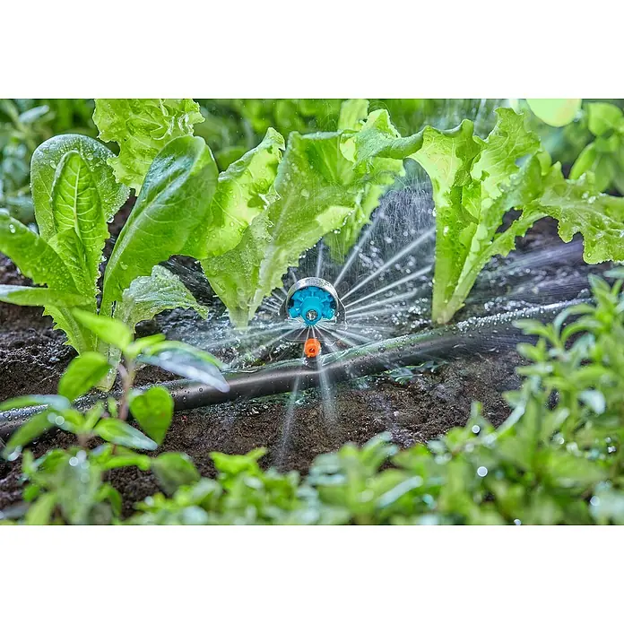 Gardena Micro-Drip Tobera pulverizadora - Diámetro conexión: 13 mm, Técnica de unión Quick & Easy - La imagen muestra un aspersor que irriga las plantas de un jardín. Las plantas tienen un aspecto sano y bien regado.
