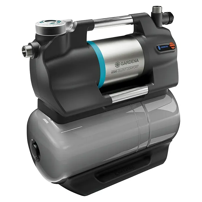 Gardena Hauswasserwerk 6300 Silent Comfort - 1.050 W, Max. Fördermenge: 6.300 l/h, Max. Druck: 4,9 bar - Abbildung einer Gardena 6300 Silent Comfort Hauswasserautomat Pumpe mit modernem Design und robuster Bauweise für eine zuverlässige Wasserversorgung.
